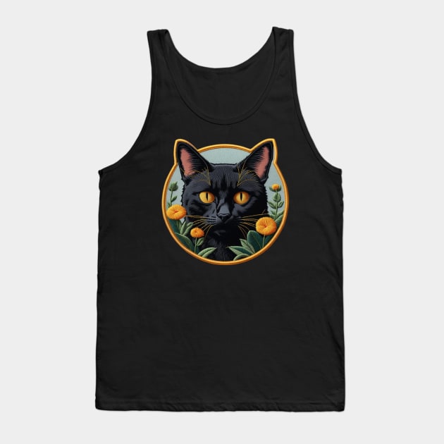 Black Cat Botanical Embroidered Patch Tank Top by Xie